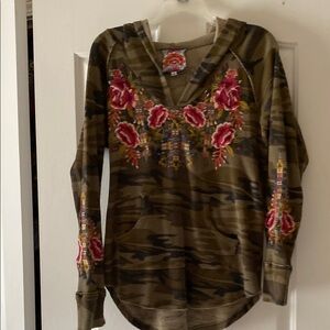 Johnny Was Olive Camo Tunic with Pink Floral Embroidery
